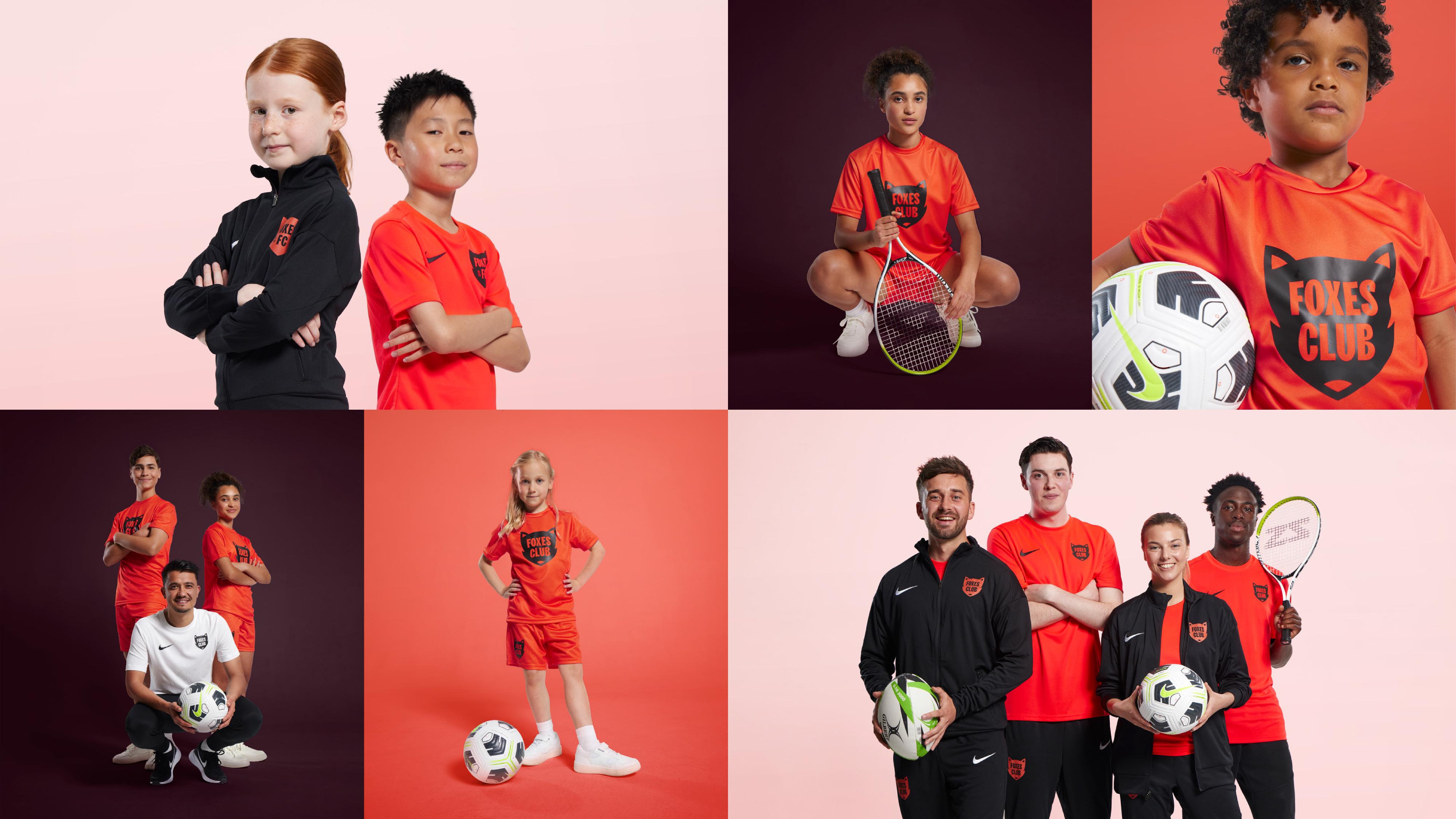 kids and adults wearing the foxes club kit with footballs and tennis rackets
