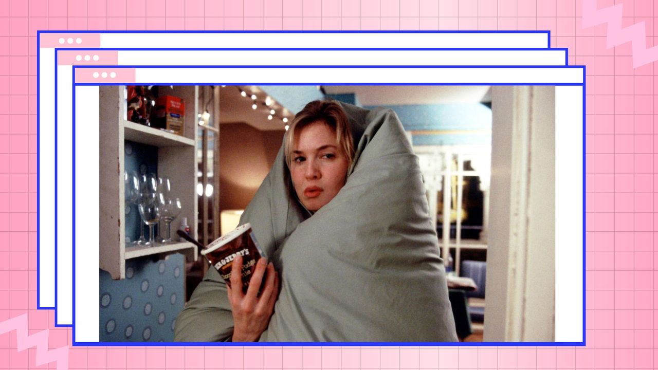 Renée Zellweger as Bridget Jones in &quot;Bridget Jones&quot; pictures wearing a duvet around her shoulders and holding a tub of Ben and Jerry&#039;s icecream / in a pink check template