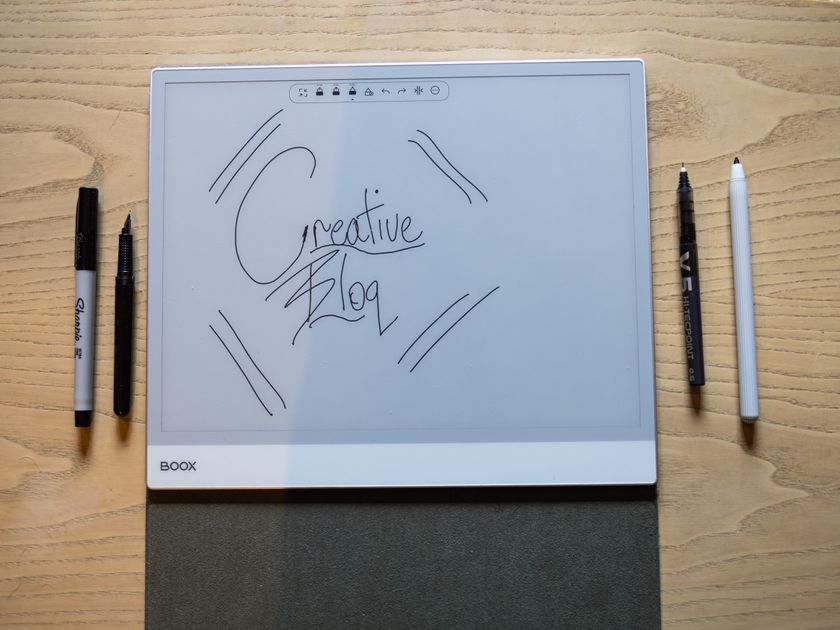 An Onyx Boox Note Max ereader on a desk