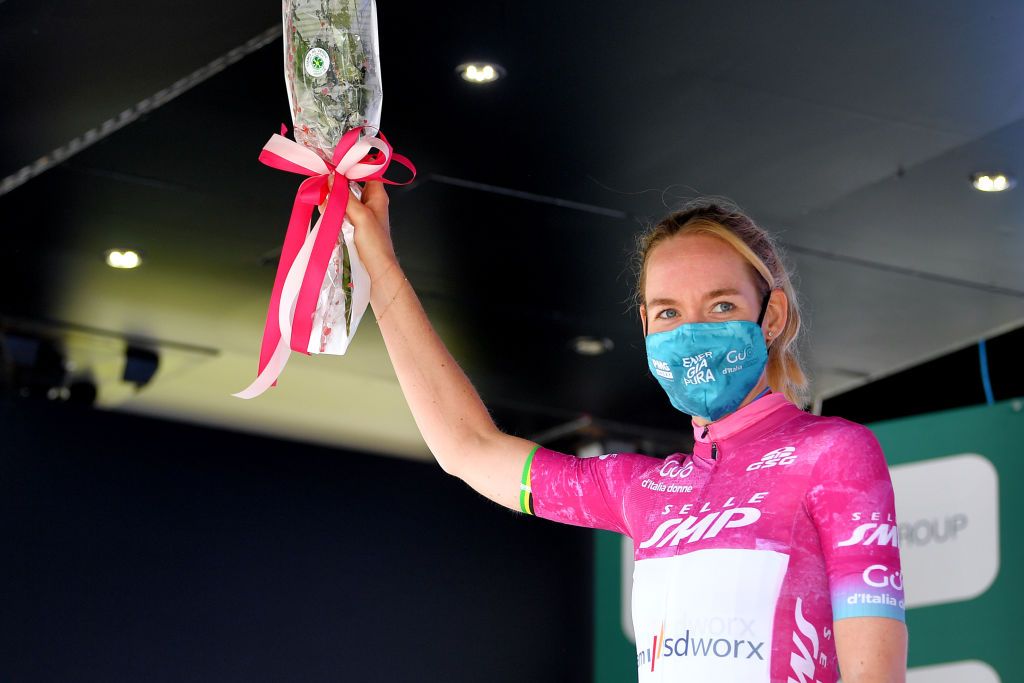 CASCATE DEL TOCE ITALY JULY 05 Anna Van Der Breggen of Netherlands and Team SD Worx Purple Points Jersey celebrates at podium during the 32nd Giro dItalia Internazionale Femminile 2021 Stage 4 a 112km Individual Time Trial from Fondovalle to Cascate Del Toce 1714m ITT GiroDonne UCIWWT on July 05 2021 in Cascate Del Toce Italy Photo by Luc ClaessenGetty Images