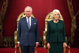 Prince Charles, Prince of Wales and Camilla, Duchess of Cornwall in the Ballroom during the The Queen's Anniversary Prizes