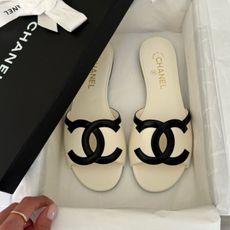 New summer Chanel mule sandals popular for summer 2026 pictured in a shoe box. 