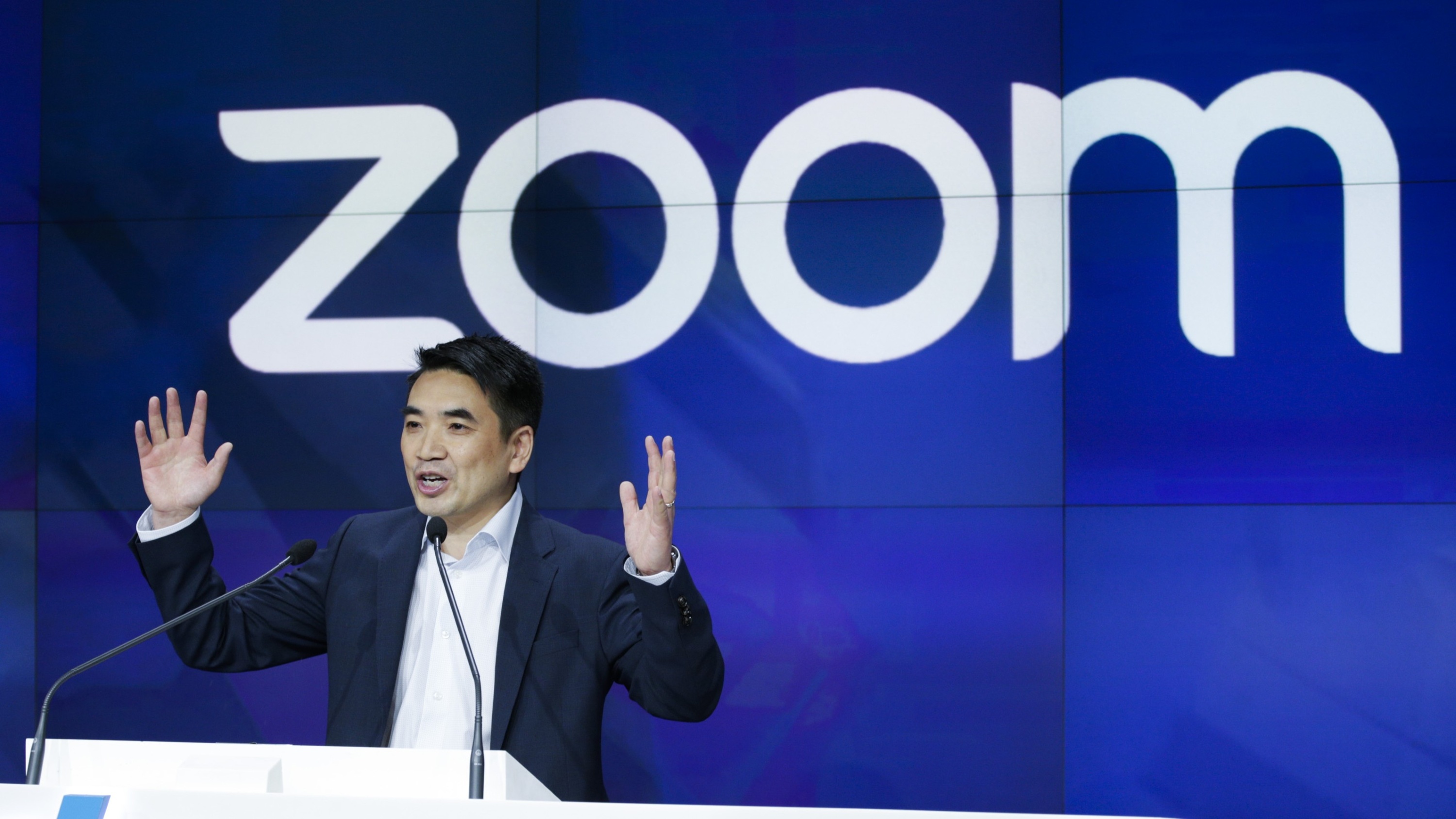 Zoom founder Eric Yuan speaks before the Nasdaq opening bell ceremony on April 18, 2019 in New York City.