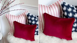 sofa with crimson velvet cushion paired with patterned cushions