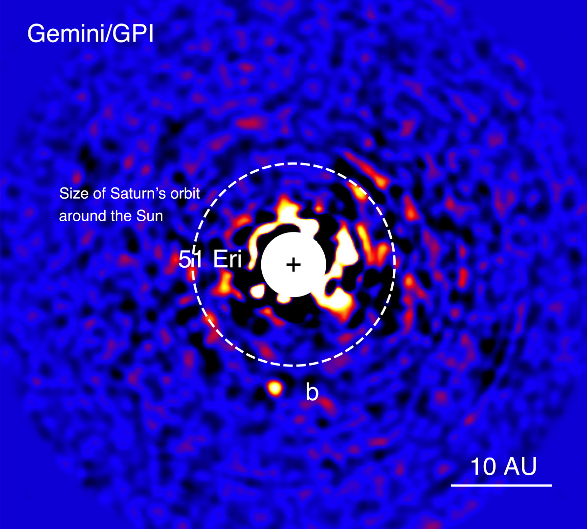 This image is the discovery photo of alien planet 51 Eridani b (labeled as "b") as seen in near-infrared light by the Gemini Planet Imager in Chile on Dec. 14, 2014. The bright star 51 Eridani at the center has been masked because it is 1 million times brighter than the planet.