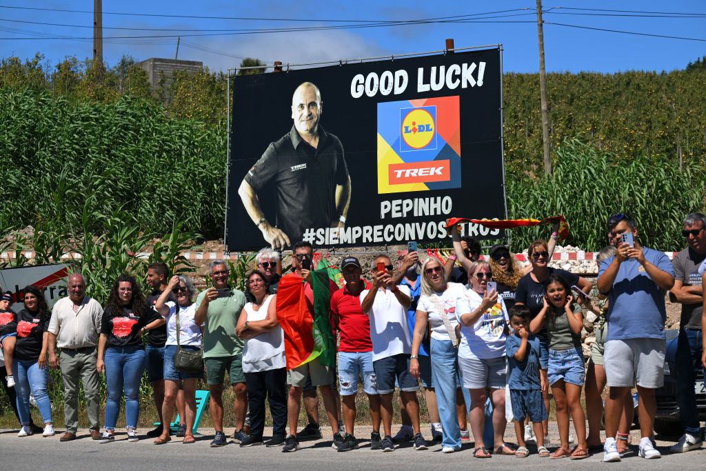OUREM PORTUGAL AUGUST 18 A hoarding in memory of Jose Eduardo Santos Pepinho Team mechanic of Team Lidl Trek is seen during the 79th La Vuelta Ciclista a Espana 2024 Stage 2 a 194km stage from Cascais to Ourem UCIWT on August 18 2024 in Ourem Portugal Photo by Tim de WaeleGetty Images
