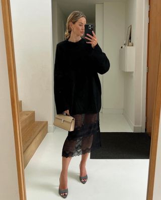 Fashion influencer Anouk Yve wearing an on-trend fall/winter 2024 outfit styled with a chic sweater.