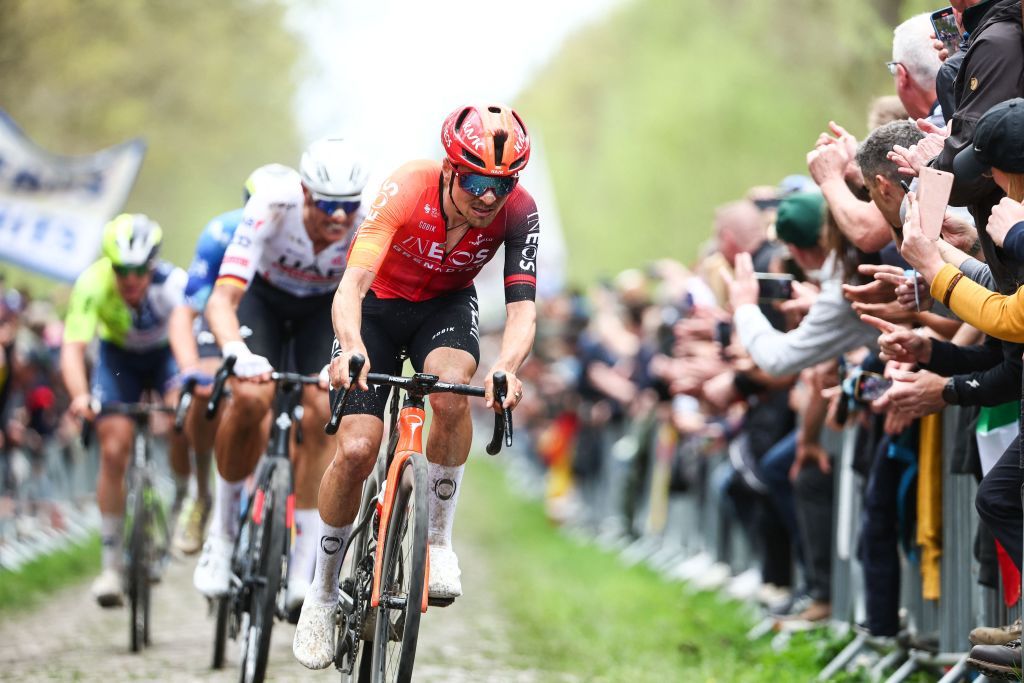 British Tom Pidcock of Ineos Grenadiers pictured in action during the men's elite race of the 'Paris-Roubaix' cycling event, 260,0km from Compiegne to Roubaix, France on Sunday 07 April 2024. BELGA PHOTO DAVID PINTENS (Photo by DAVID PINTENS / BELGA MAG / Belga via AFP)