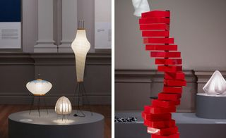 Two images of design pieces. The first shows 3 white lamps of differing sizes. The second is a craft piece with several red plastic squares stacked in a spiral.