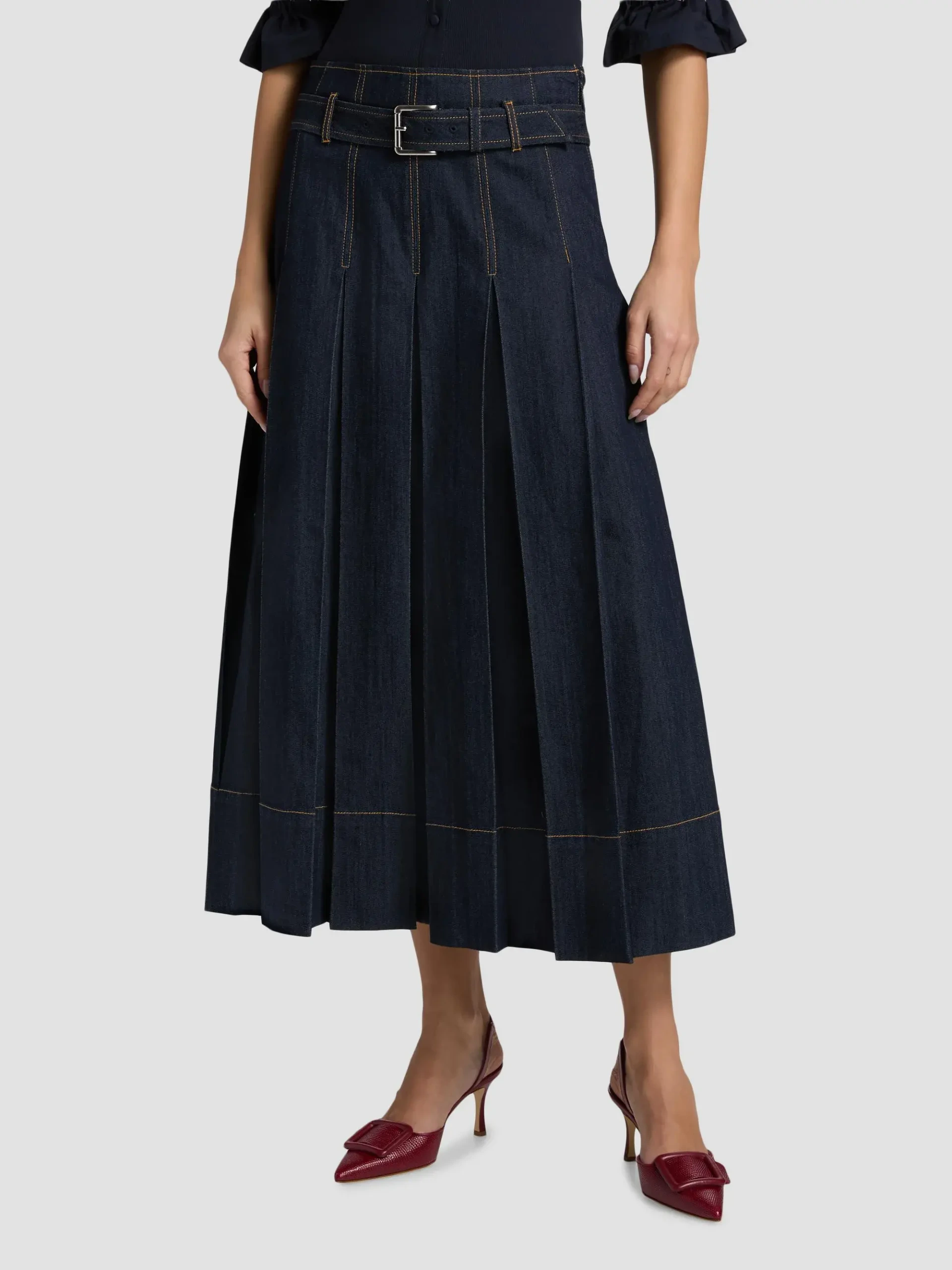 Rylee Pleated Denim Belted Maxi-Skirt