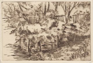 Brown sketch of a fence and some trees