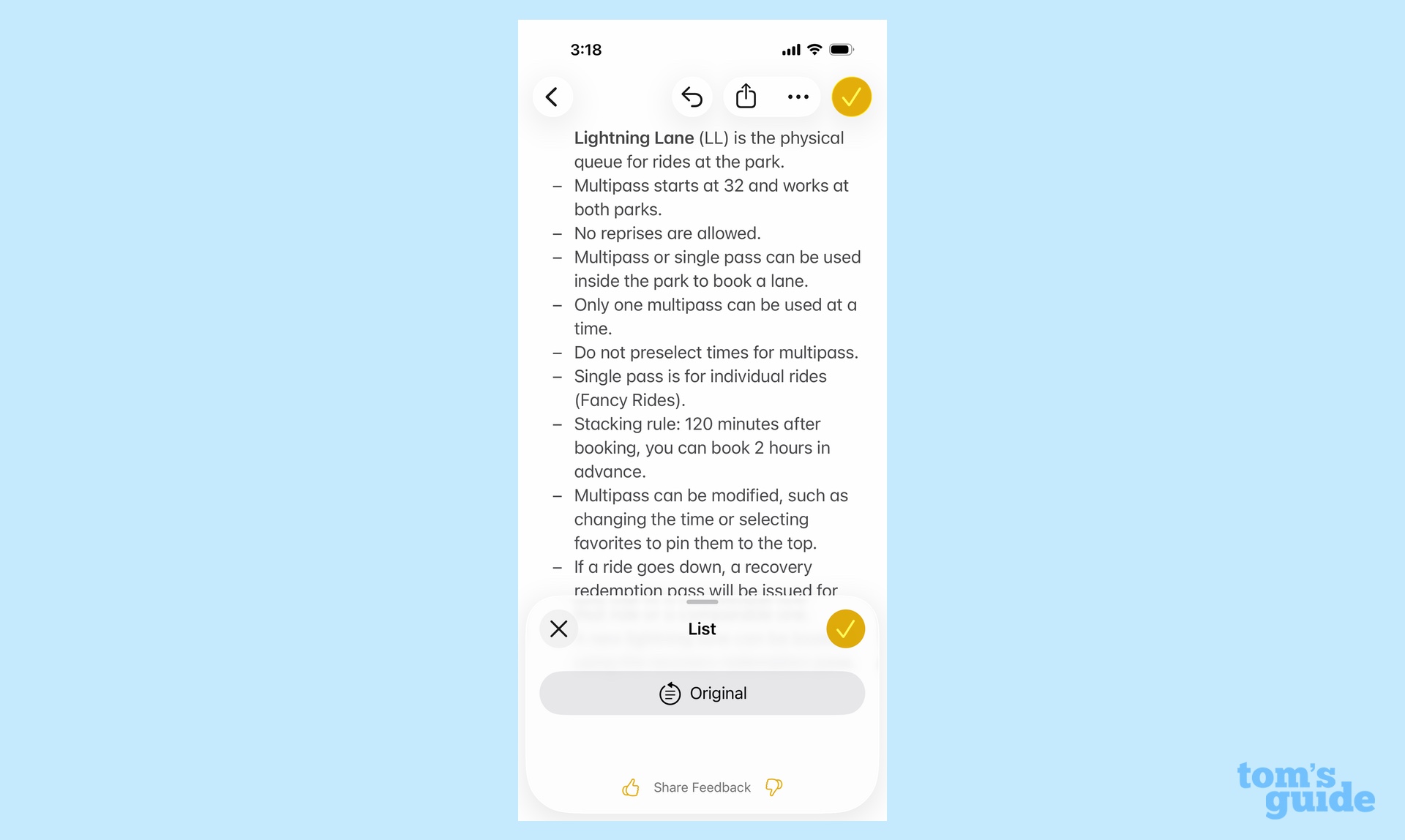 Using apple intelligence writing tools in notes to reformat a note in a list