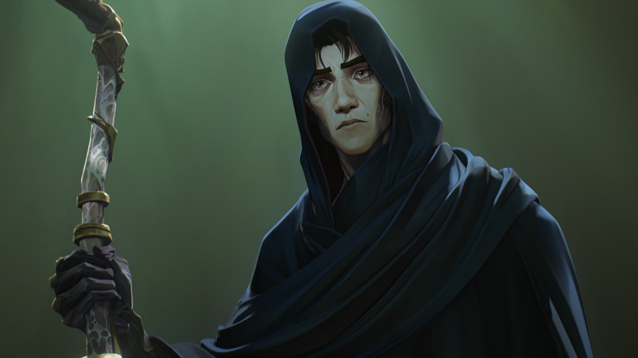 A hooded Viktor stands with his cane in Zaun's shimmer addict camp in Arcane season 2