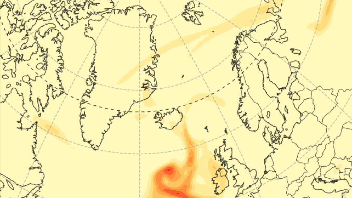 a plume of gas flows east from iceland on a map