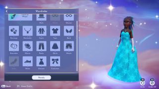 Disney Dreamlight Valley character creator - A character with dreadlocks and a customized blue dress with snowflakes.