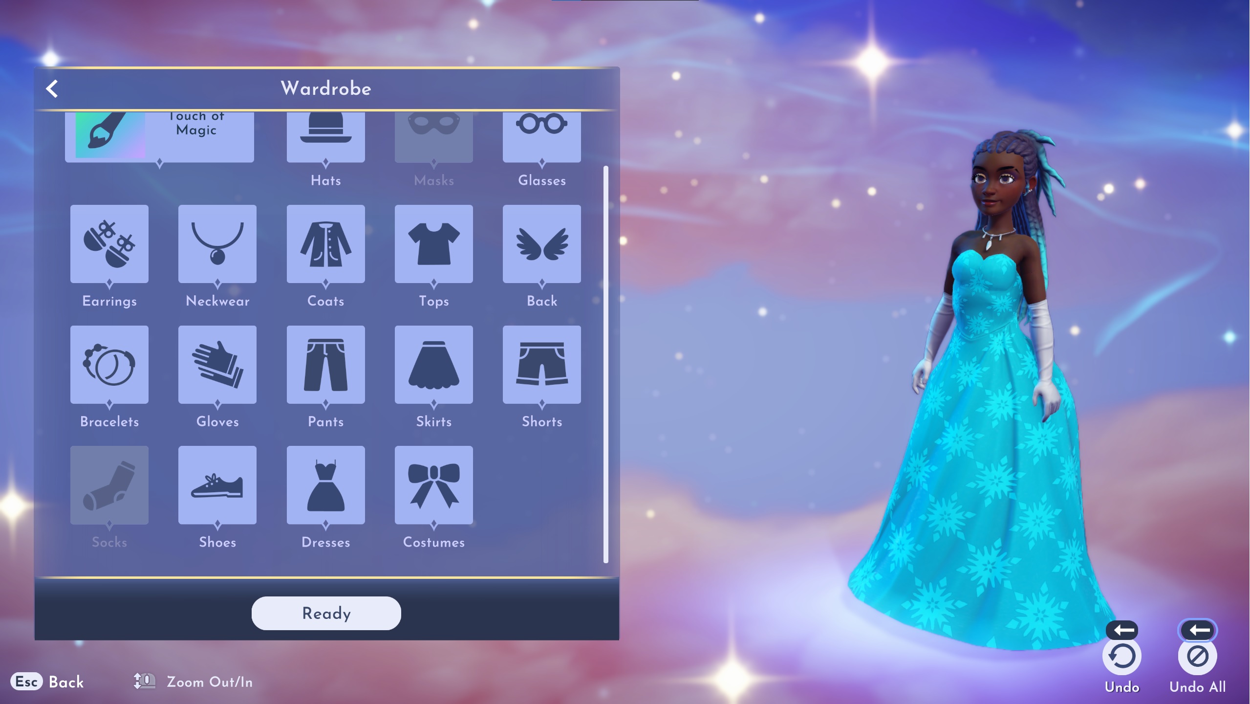 Disney Dreamlight Valley Character Creator - A character in a blue dress with dreadlocks and a customized snowflake.