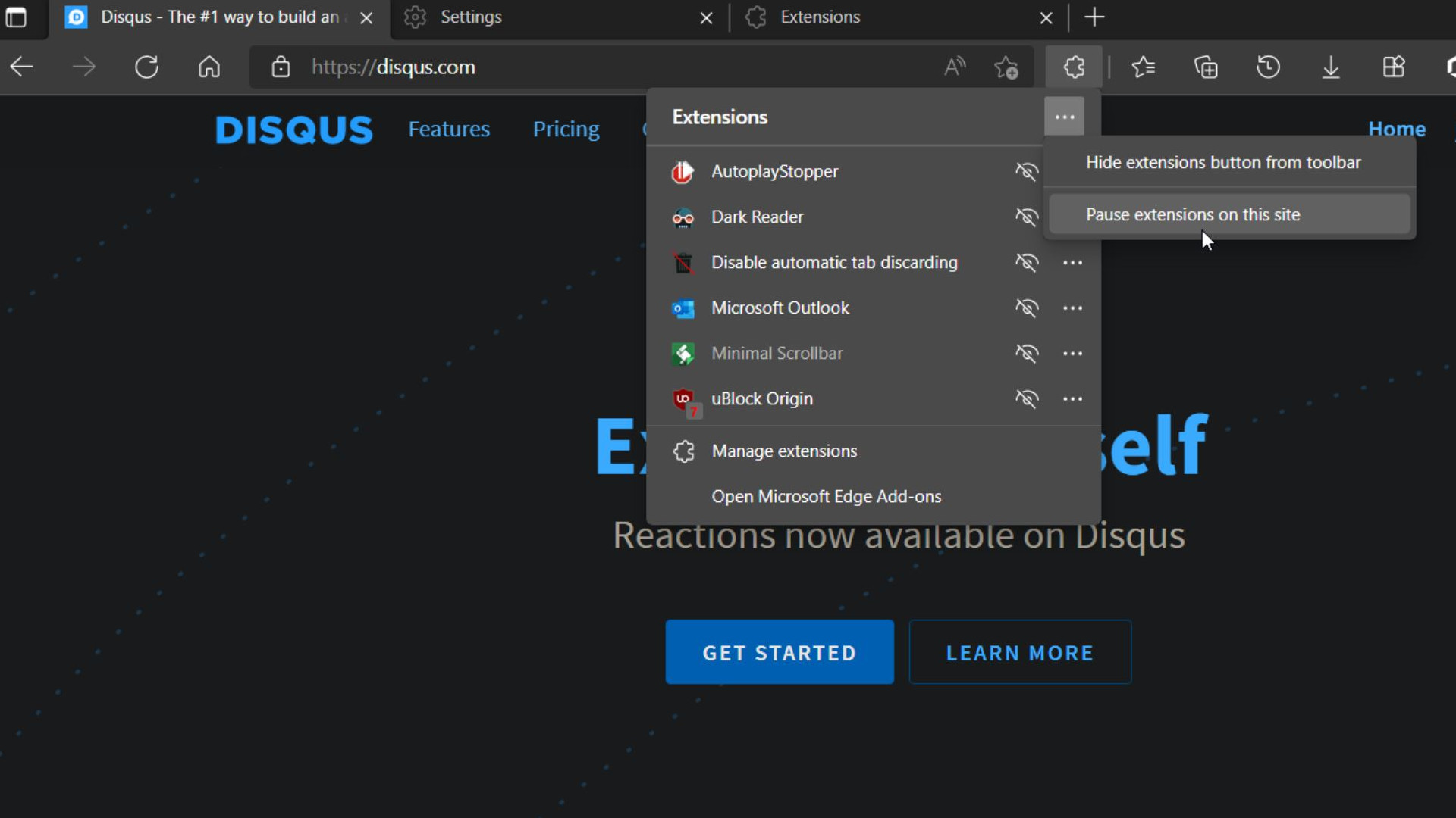 A screenchot of a beta Extensions feature being tested in Microsoft Edge