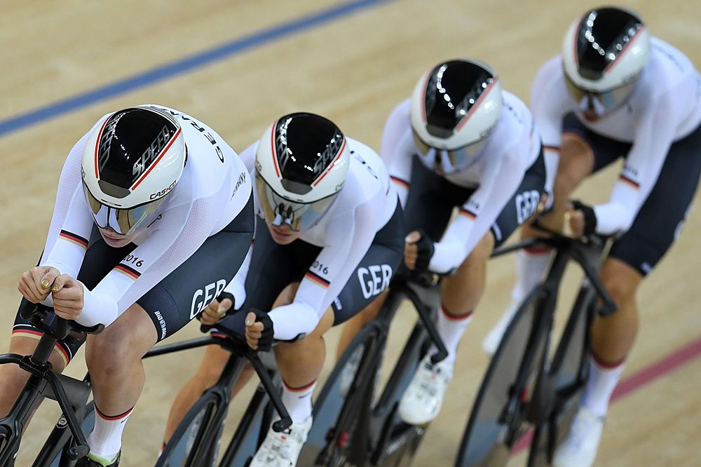 Gudrun Stock, Charlotte Becker, Mieke Kroger and Stephanie Pohl of Germany compete in the Women's Team Pursuit Track Cycling Qualifying on Day 6 of the 2016 Rio Olympics