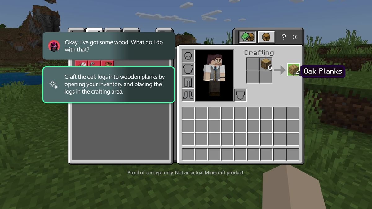 An image of Minecraft with Xbox&#039;s Copilot for Gaming overlaid. An AI assistant explains through text how to use Minecraft&#039;s crafting feature.