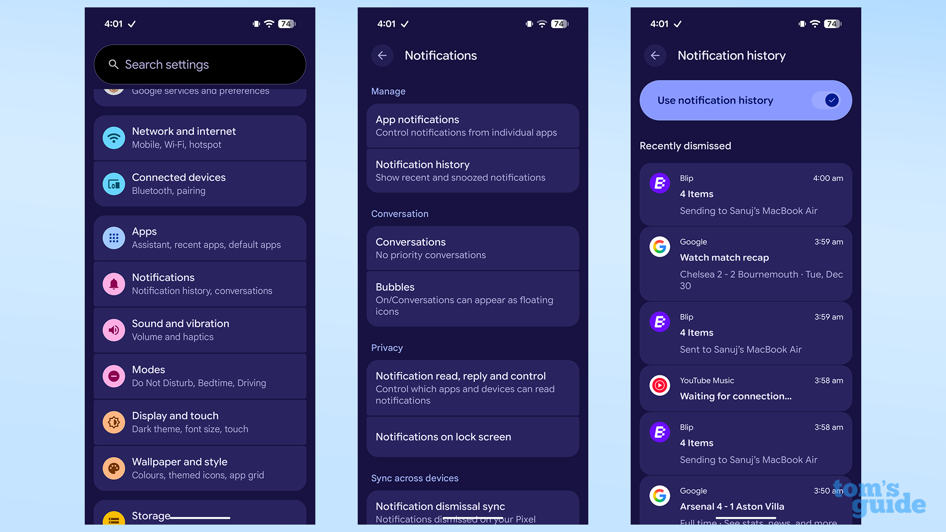 How to enable notification history on a Google Pixel