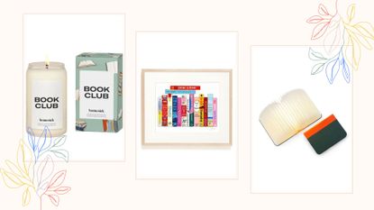 A composite image of three of the best gifts for book lovers, on a pale background with floral graphics.
