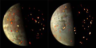 a grey and white moon with bright red spots on its surface indicating the locations of 'hot spots' believed to be volcanoes