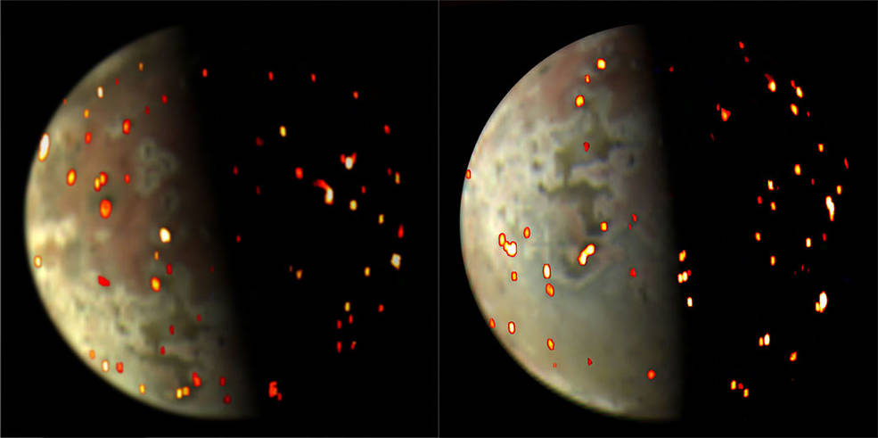 قمر رمادي وأبيض مع بقع حمراء ساطعة على سطحه تشير إلى مواقع 