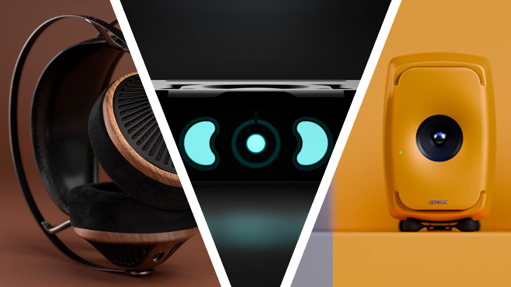 A pair of Meze Audio headphones next to a Chord Electronics teaser and a mustard-colored Genelec bookshelf speaker