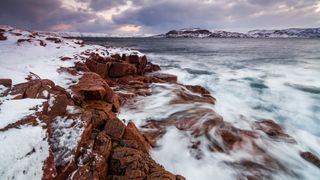 A rocky shore on the Barents Sea in Russia.