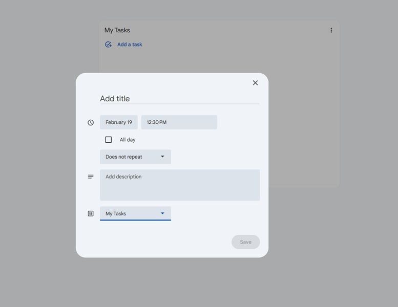 A look at the proper Task "Create" button with a full view and control over its title, manual date input, description, and more.