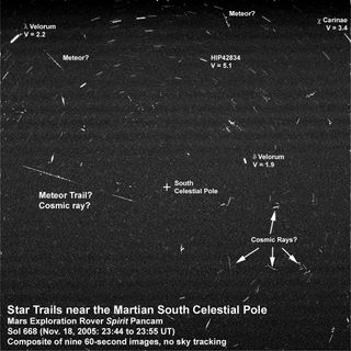 A night-sky image taken by the Spirit rover in 2005, annotated to show stars and other features.