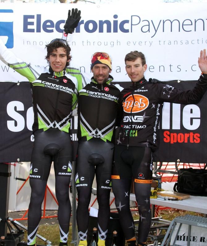 Supercross Cup 1 men's podium (L-R): Curtis White (Cannondale p/b Cyclocrossworld) 2nd; Tim Johnson (Cannondale p/b Cyclocrossworld) 1st; Kerry Werner Jr. (MOB CX Team) 3rd