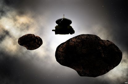 Illustration of NASA New Horizons approaching Ultima Thule.