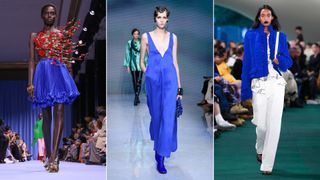 Three models wearing royal blue one of the fashion colour trends 2024