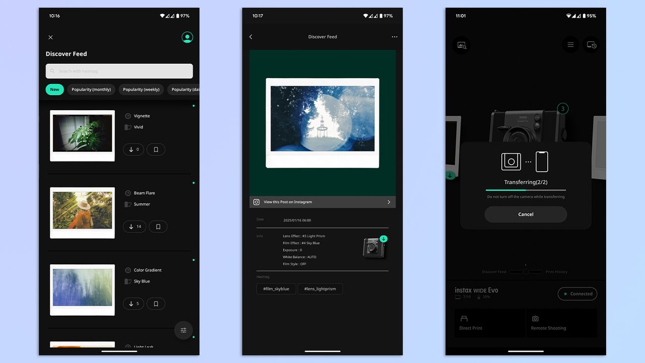 A compilation of screenshots showing the Fujifilm Instax Wide Evo app open on a Google Pixel 7 Pro