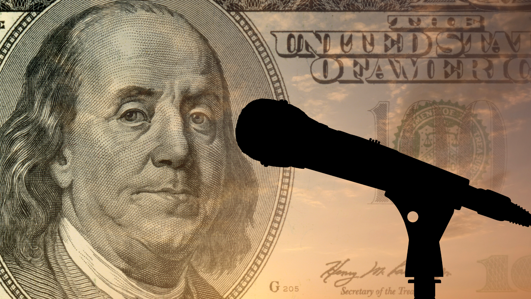 Microphone on the background of a 100 dollar bill