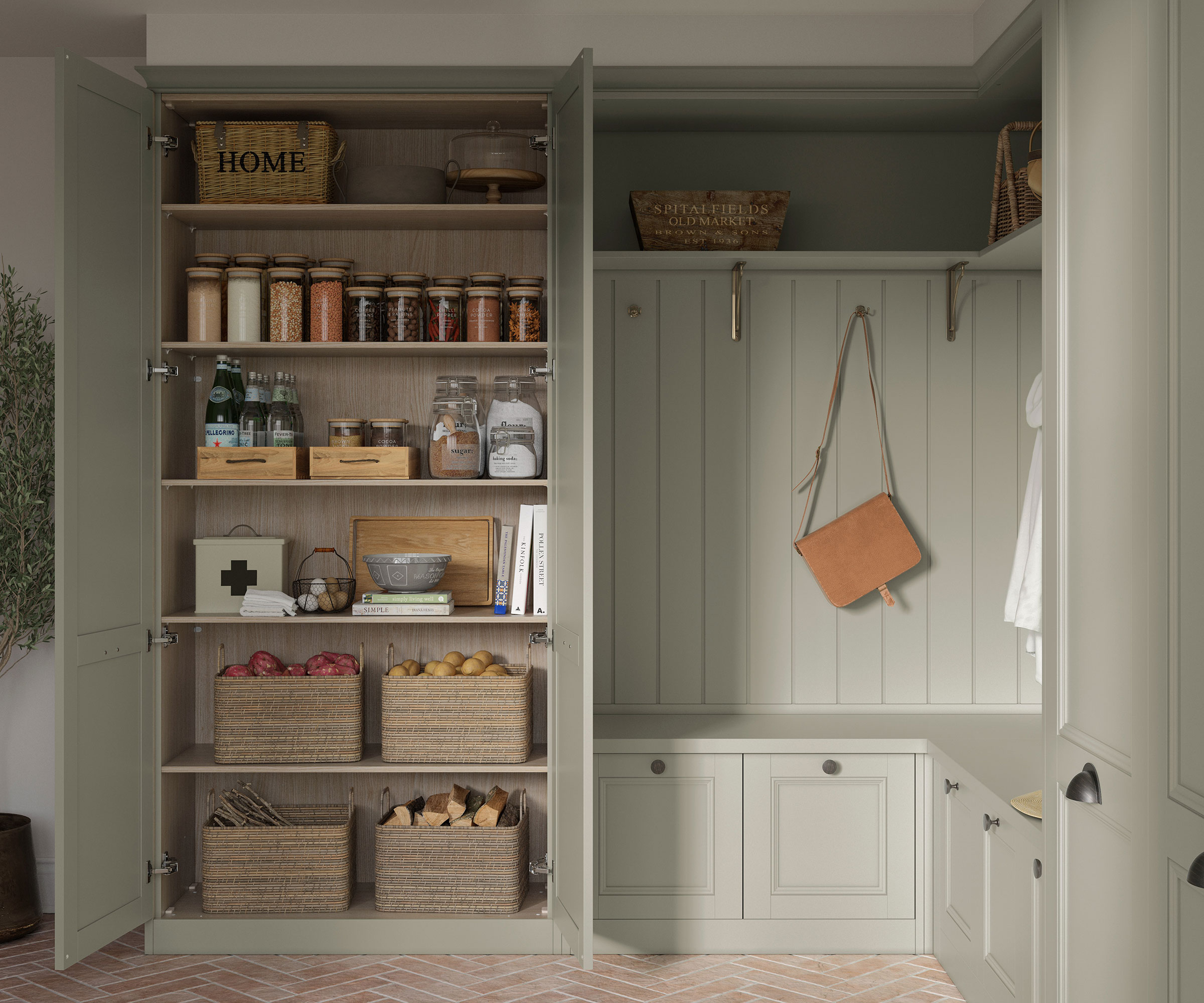 pale grey boot room with pantry unit