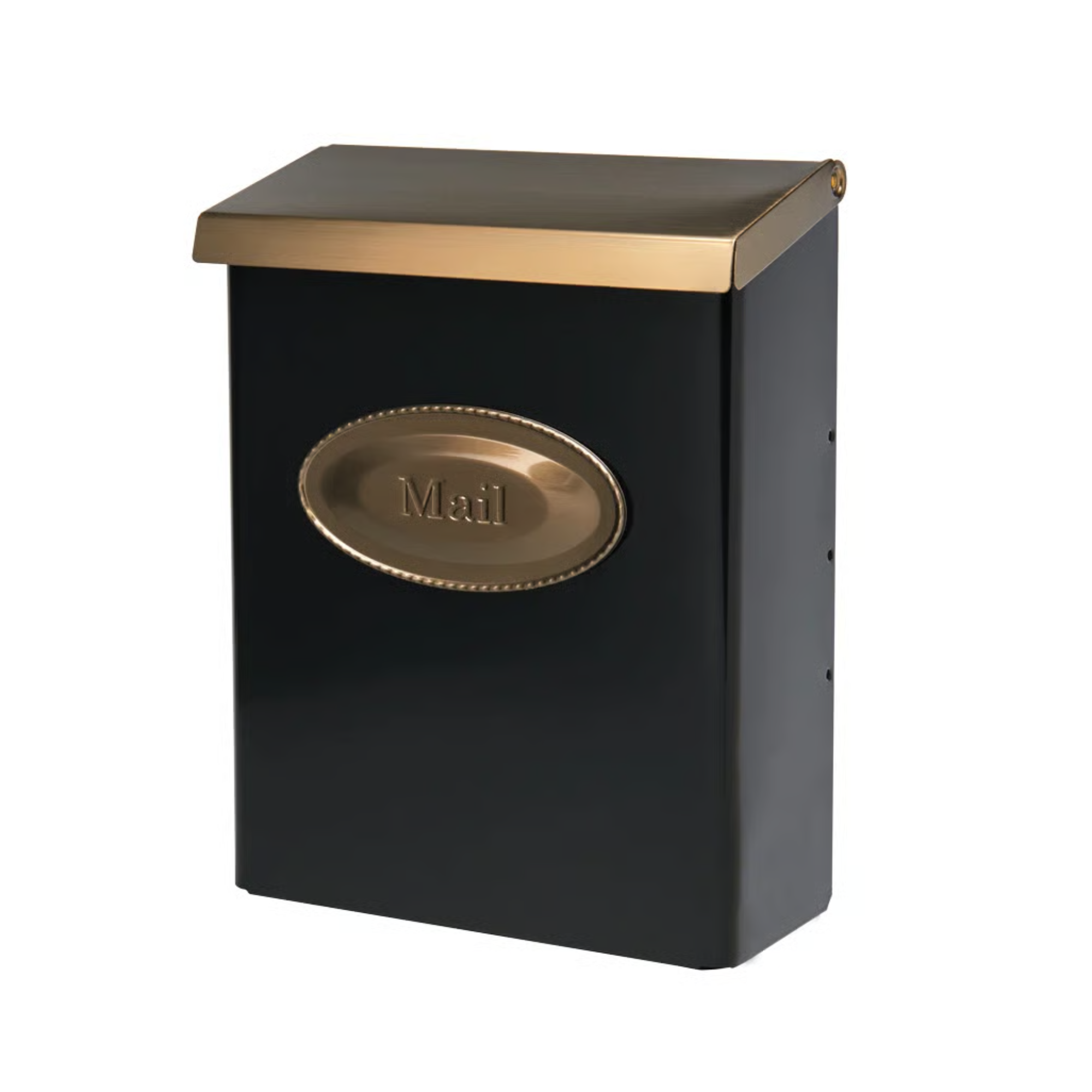 a mailbox with a gold lid and a gold plaque that reads &#039;mail&#039;