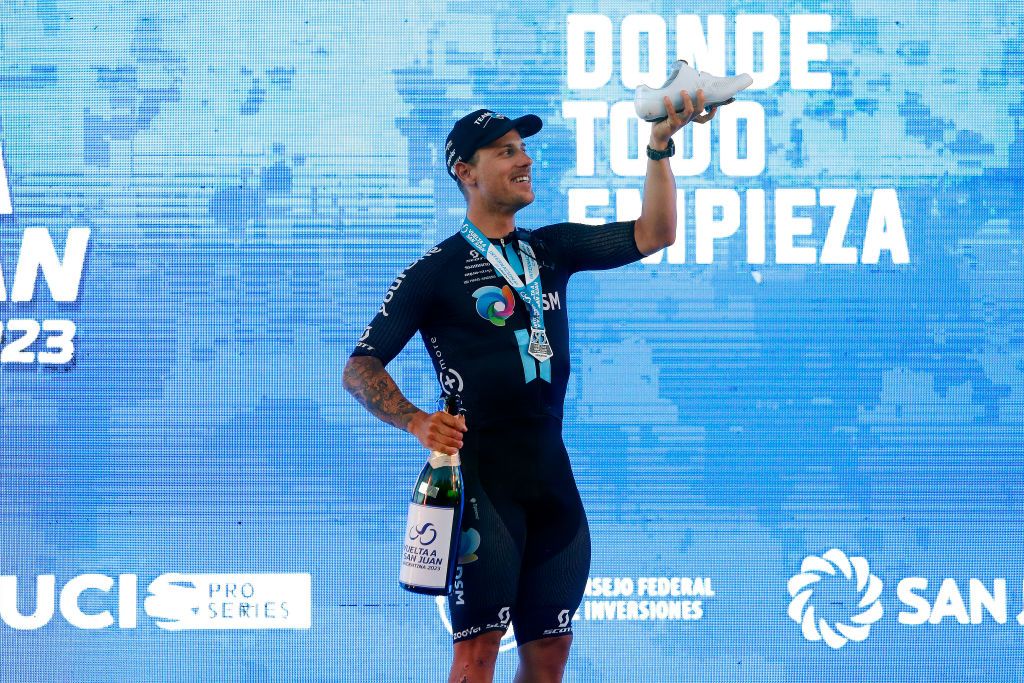 SAN JUAN ARGENTINA JANUARY 29 Sam Welsford of Australia and Team DSM celebrates at podium as stage winner during the 39th Vuelta a San Juan International 2023 Stage 7 a 112km stage from San Juan to San Juan VueltaSJ2023 on January 29 2023 in San Juan Argentina Photo by Maximiliano BlancoGetty Images