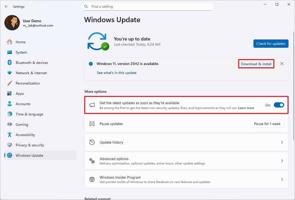Windows 11 25H2 update from Settings