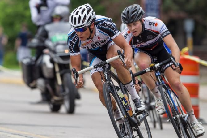 Travis McCabe (Elbowz Racing) leads the break into town.