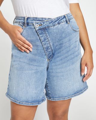 Katie High Rise Crossover Denim Shorts - Distressed Vintage Indigo Wash