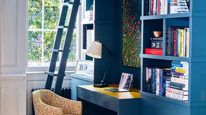 dark blue shelving with desk and laptop and ladder