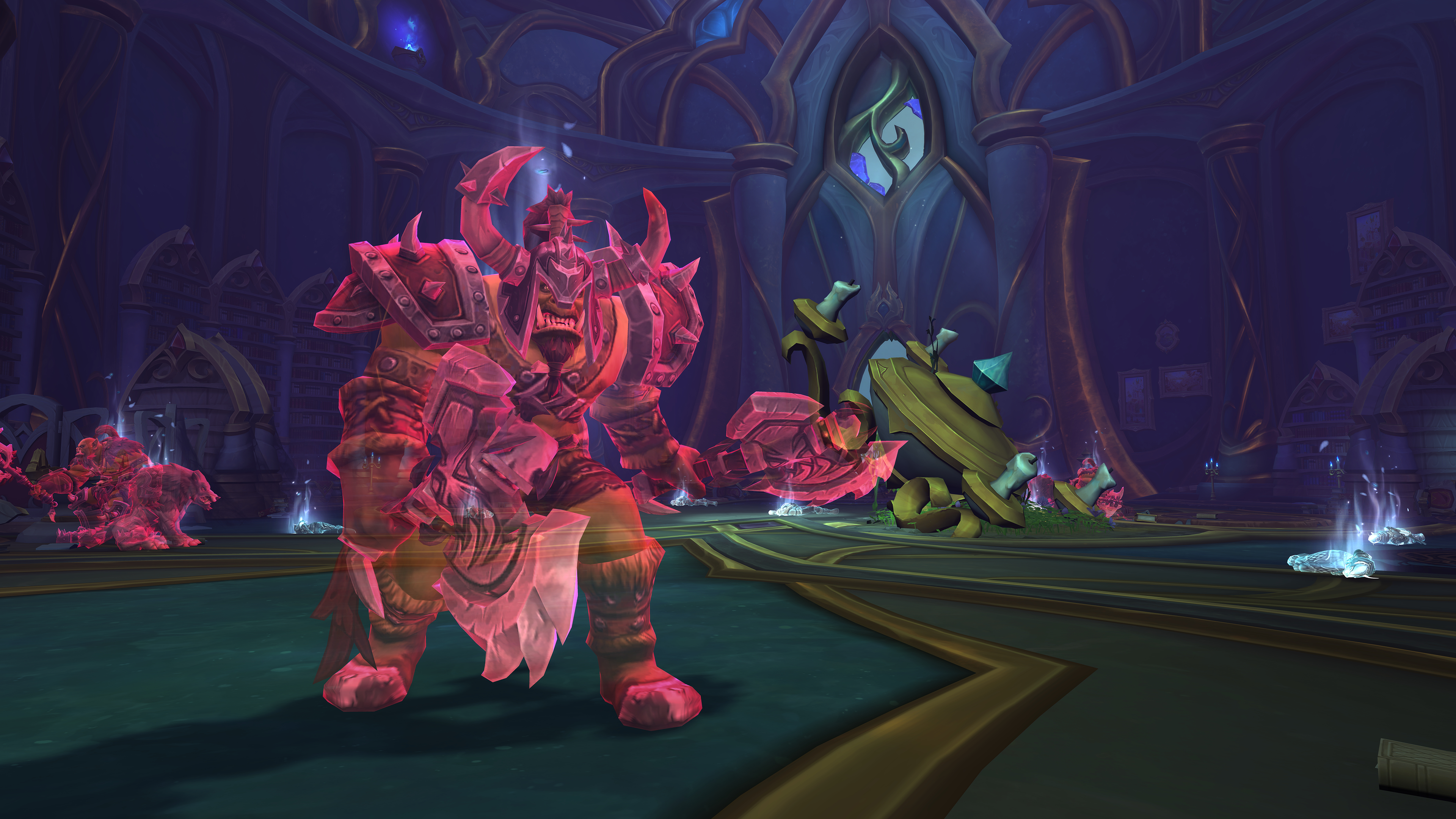 A promotional screenshot of the World of Warcraft: Midnight alpha. A spectral orc stands in a dark dungeon. The orc has a menacing look on their face as they wield two axes.