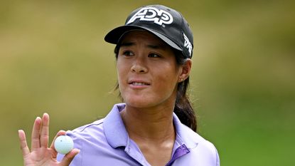 Celine Boutier with the ball after making her putt on the ninth during the second round of the 2023 Amundi Evian Championship in France