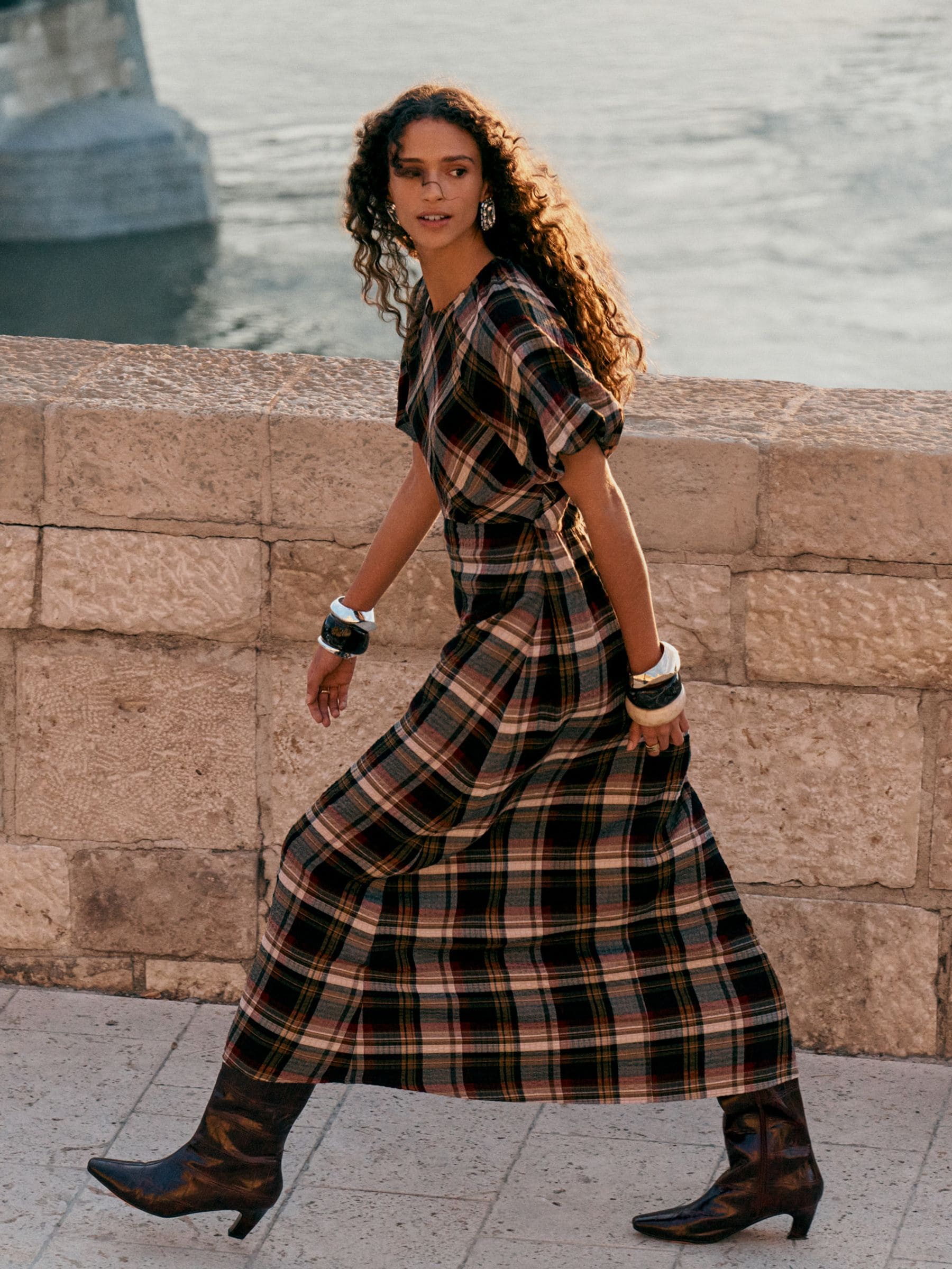 Brown Check Puff Sleeve Midi Dress