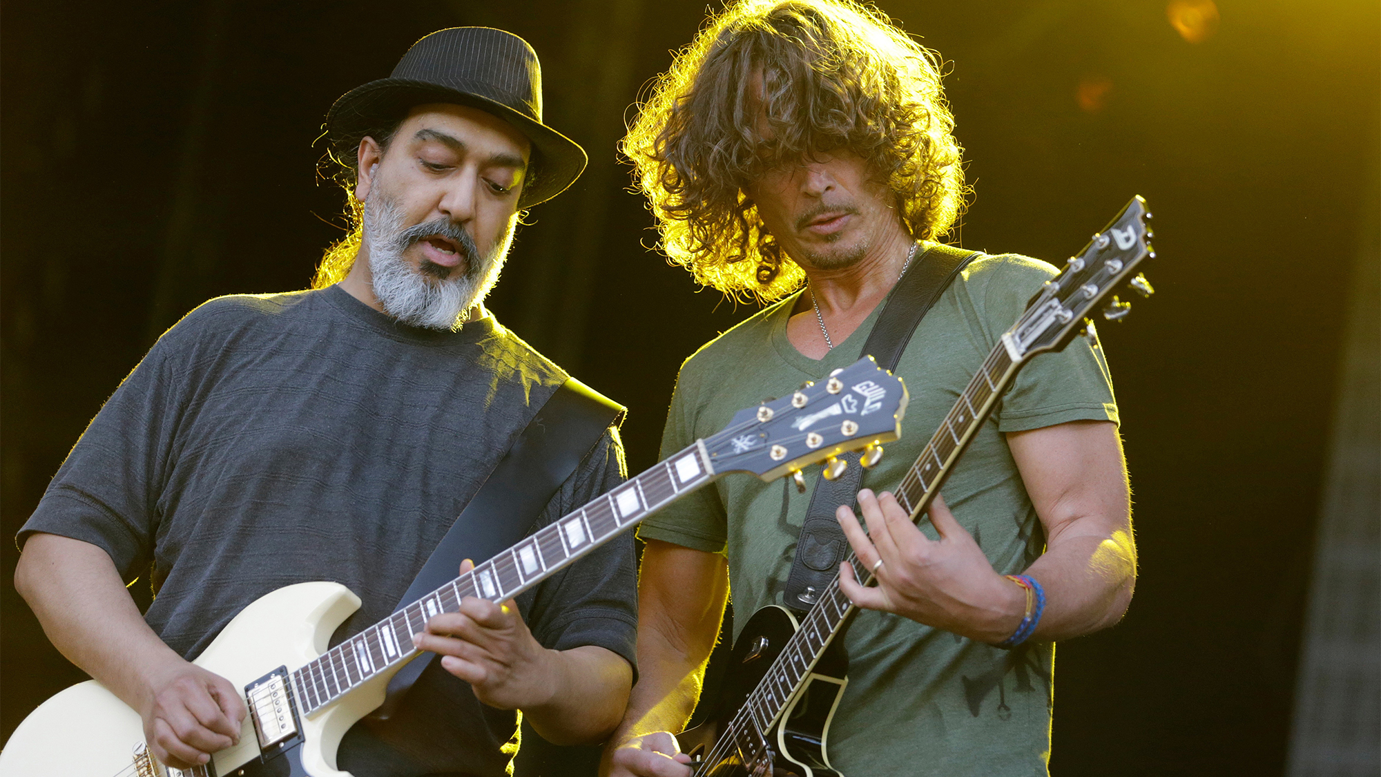 Soundgarden guitarist Kim Thayil (L) and singer Chris Cornell perform on stage at the Soundwave Festival at the Melbourne Showgrounds on February 22, 2015 in Melbourne, Australia.