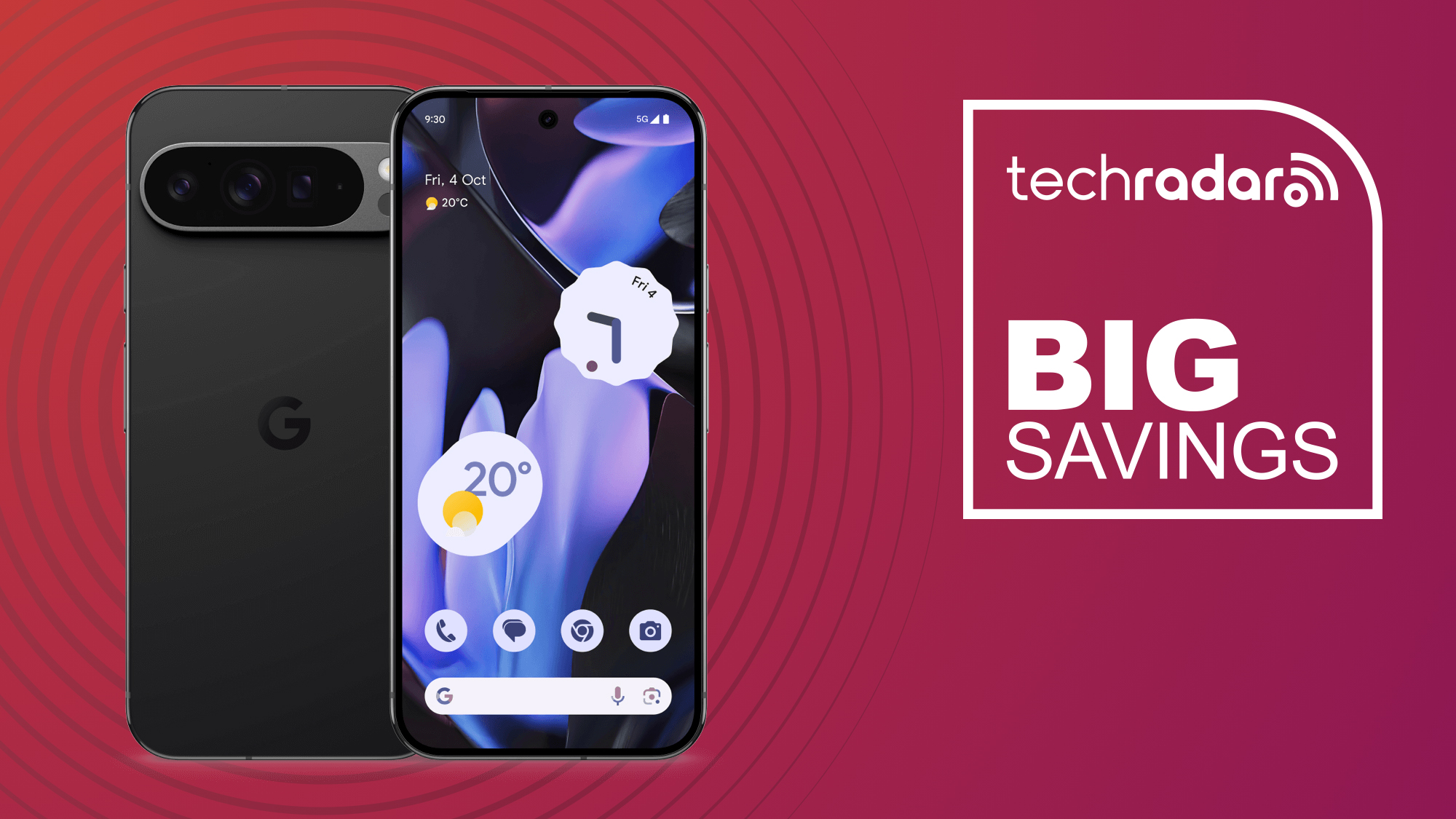 A Google Pixel 9 Pro XL on a red background