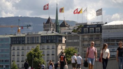 The city center of Geneva is seen on Swiss National Day 2025.