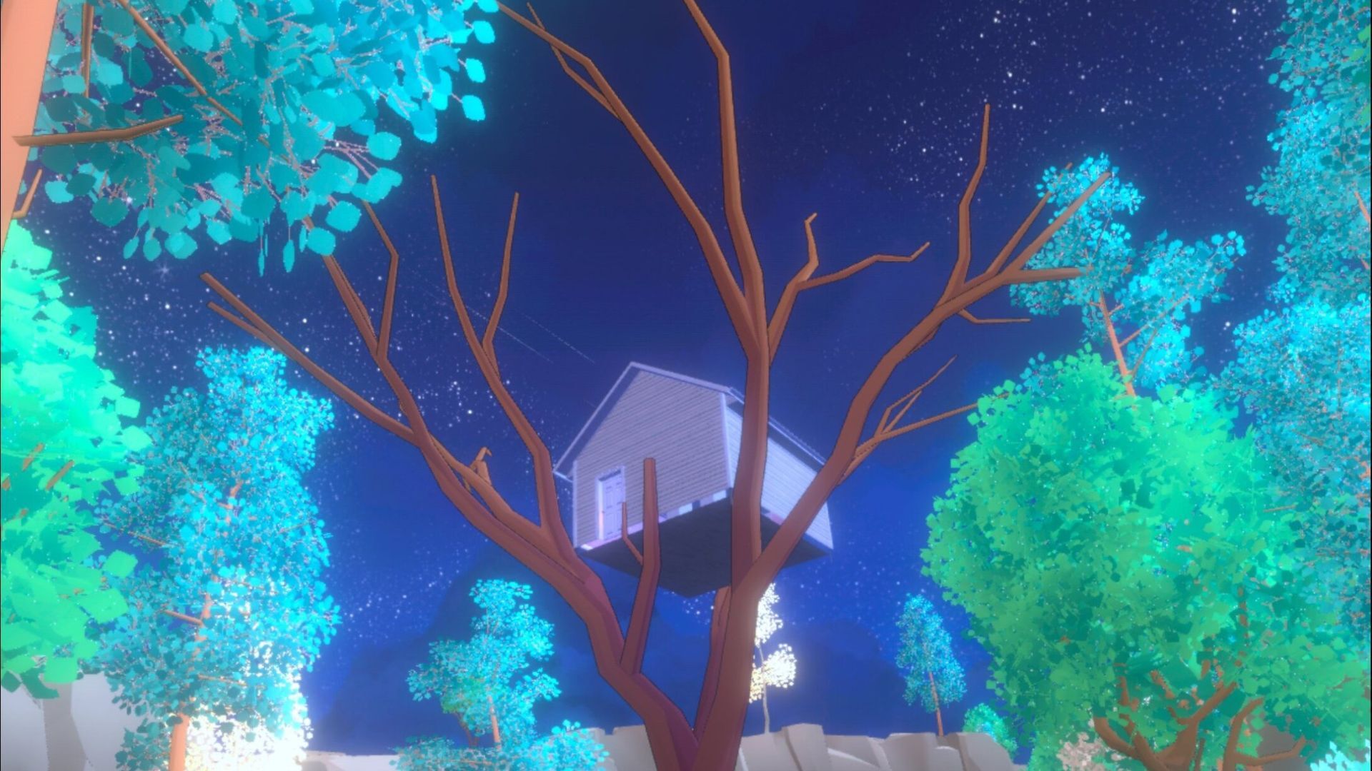 A cartoon image of a house in a large tree.